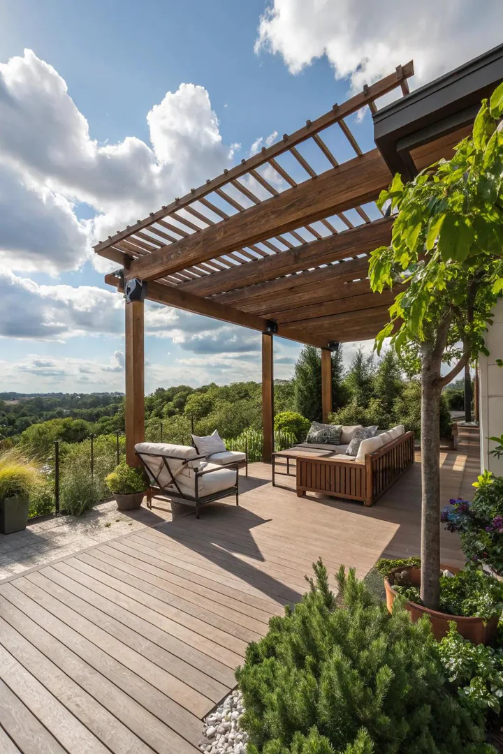 Wooden pergola attached to a deck with climbing vines and string lights overhead