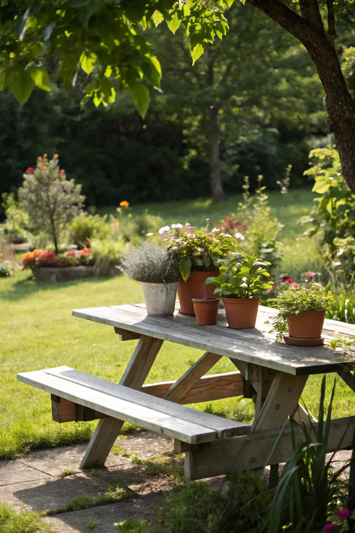 cedar picnic table with a rectangular planter box built into the center holding herbs and trailing flowers