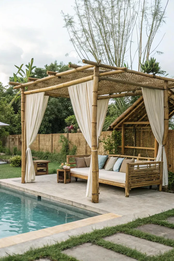 Sustainable pool cabana built from reclaimed materials with a living roof