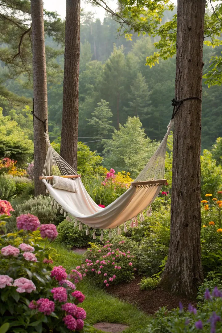 freestanding wooden frame with a fabric hammock swing hanging from the crossbeam