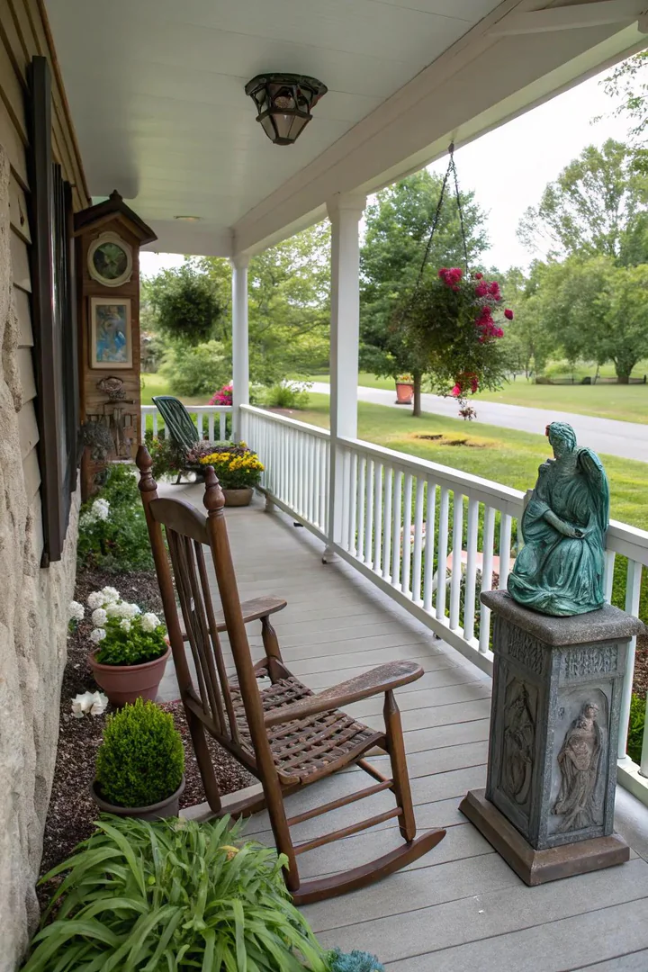 Metal wall art and a decorative sign mounted on a front porch wall