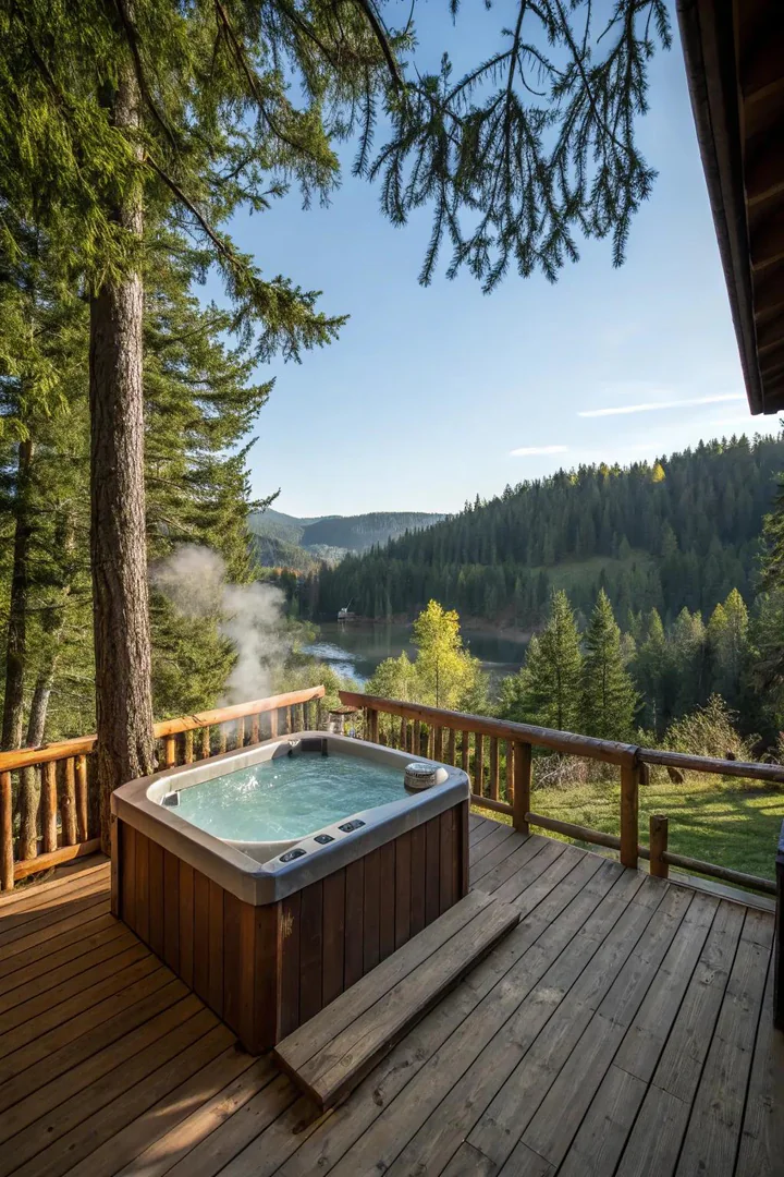 Rustic wood deck platform surrounding a hot tub with natural wood finish