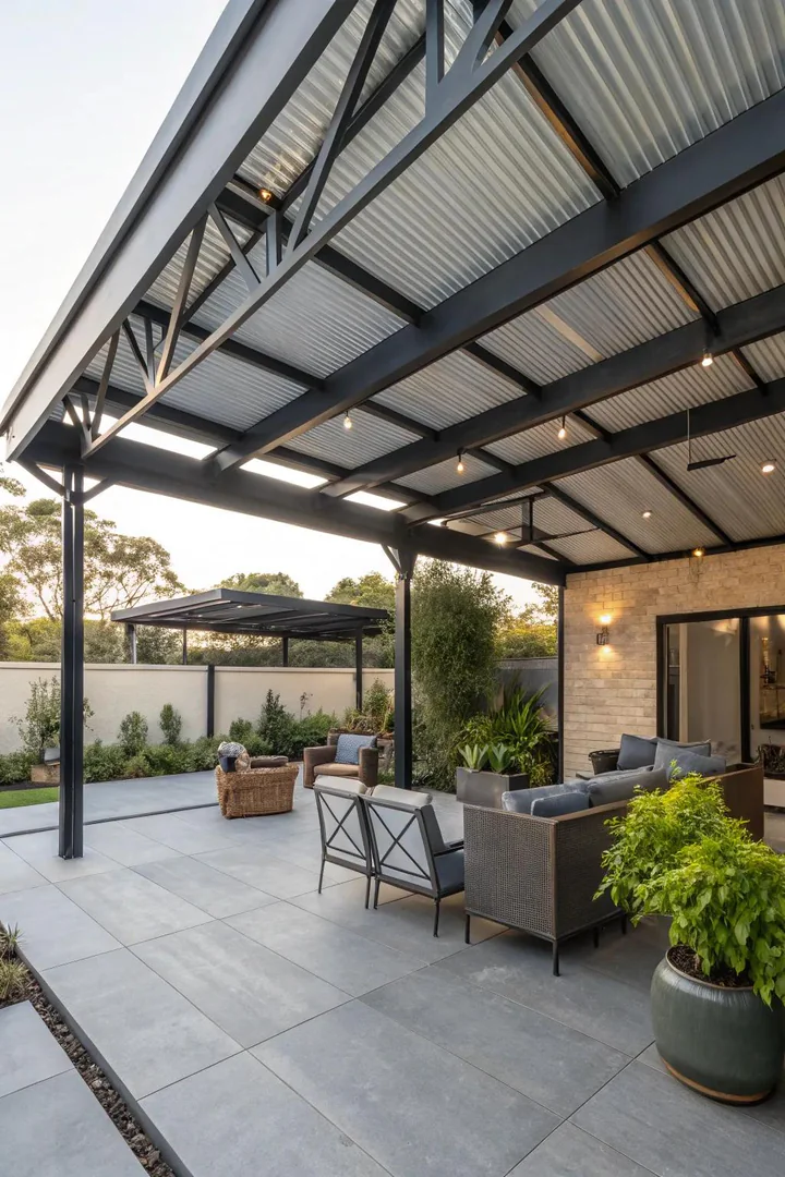 metal roof patio with exposed steel I-beams and wood decking underneath