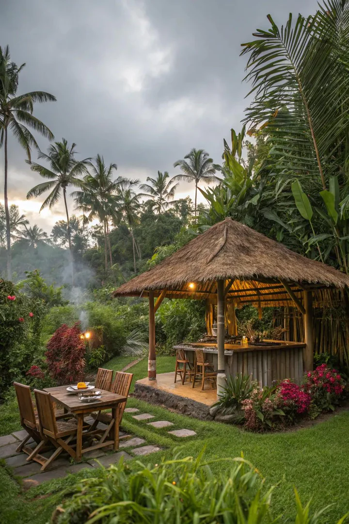 tiki-style bamboo and thatch roof BBQ shelter with a bar counter