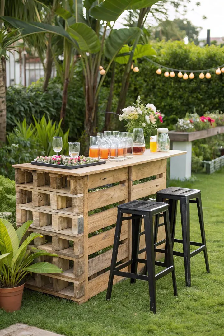 Tall pallet outdoor bar with shelves for bottles and a smooth bartop surface