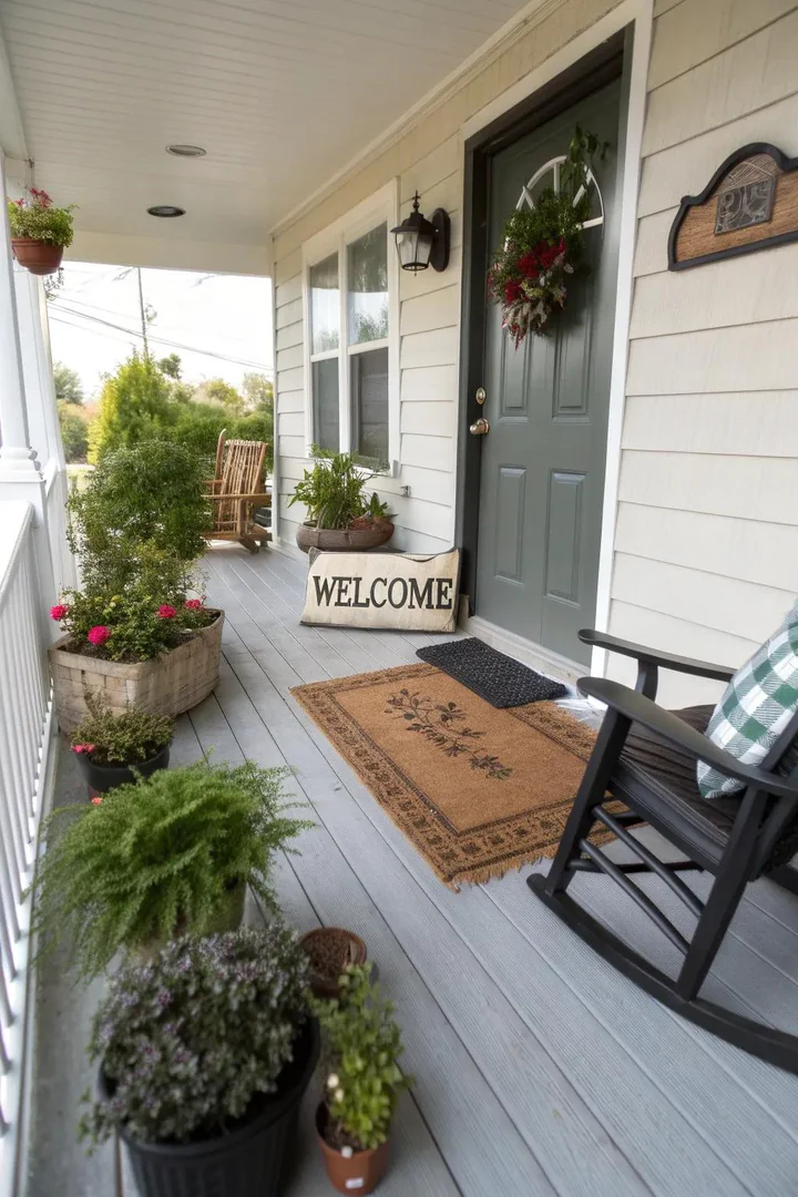 front door entry with a layered coir doormat on top of a larger black rubber boot tray
