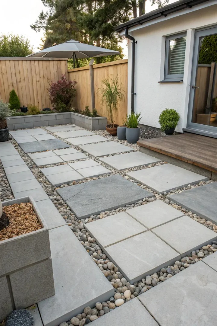 small backyard patio with four large 24x24-inch concrete pavers placed in a 2x2 grid