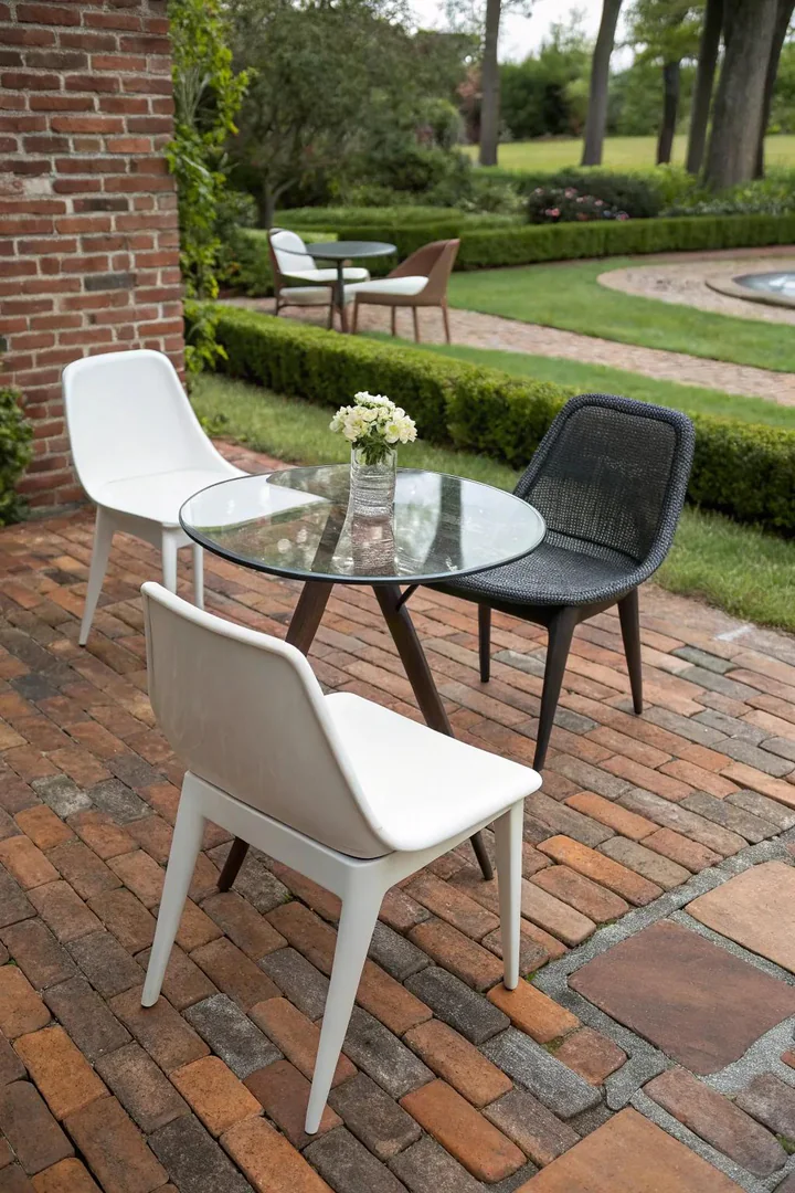 small brick patio with traditional red brick center and a modern concrete paver border