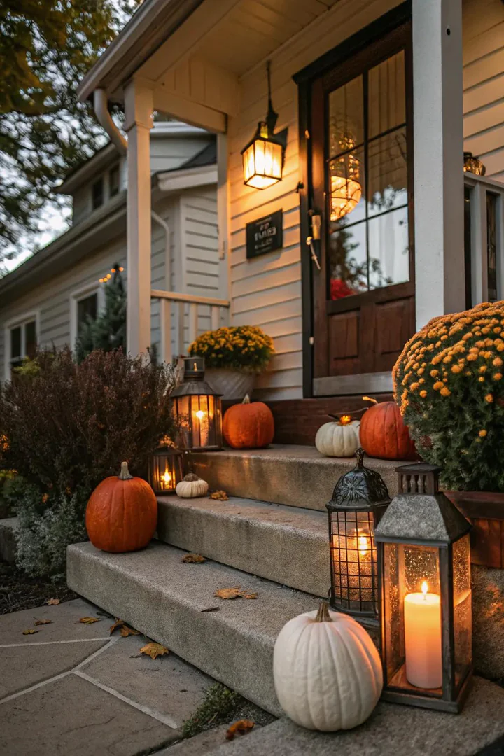 small front porch decorated with fall pumpkins, mums, and a harvest wreath