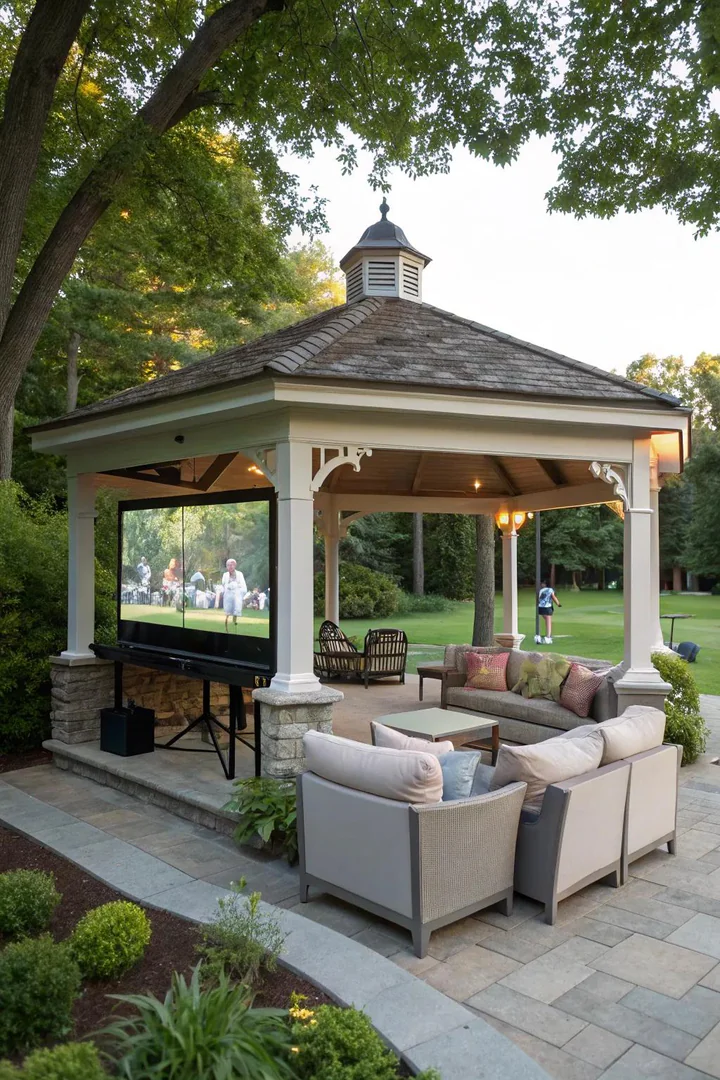 Large pavilion set up as an outdoor entertainment area with TV, bar, and seating