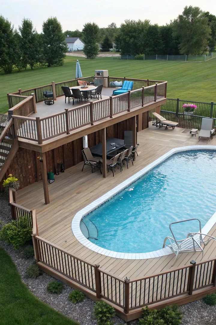 two-tier above-ground pool deck with a lower sunbathing platform and a raised pool-entry level