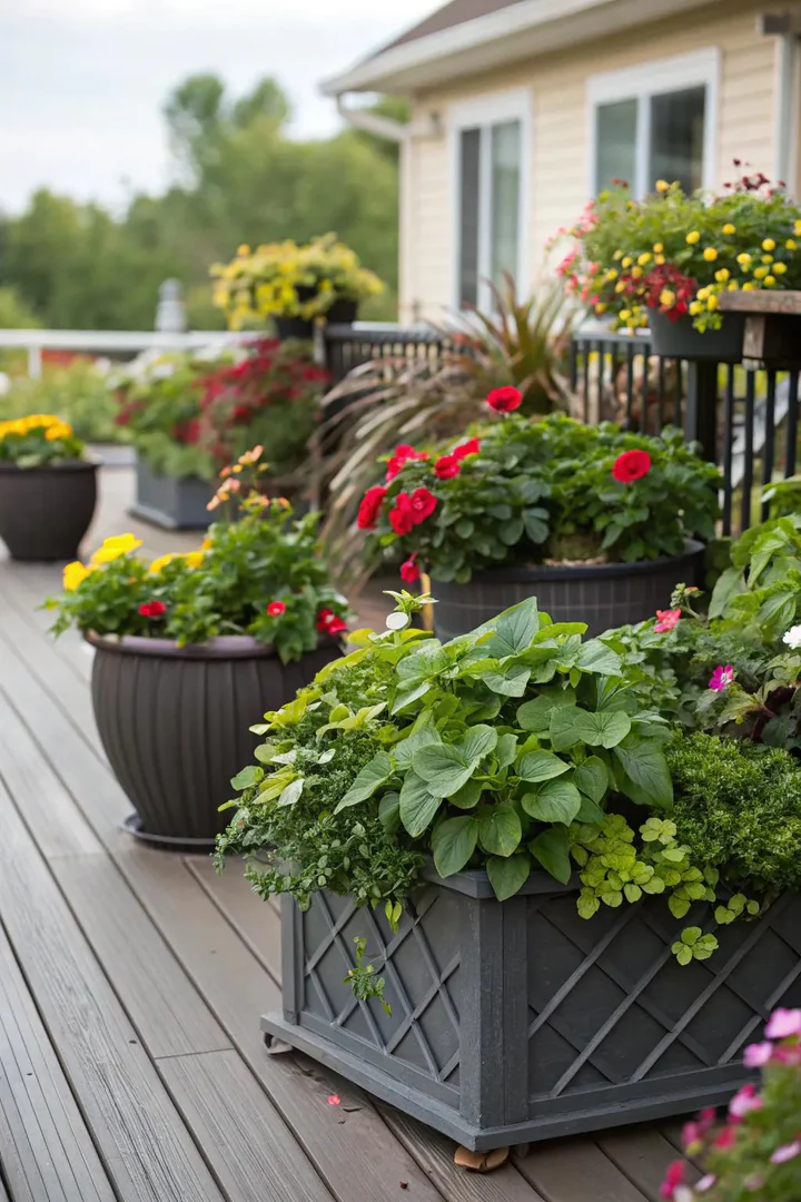 Built-in deck planters with ornamental grasses and flowering perennials along the railing
