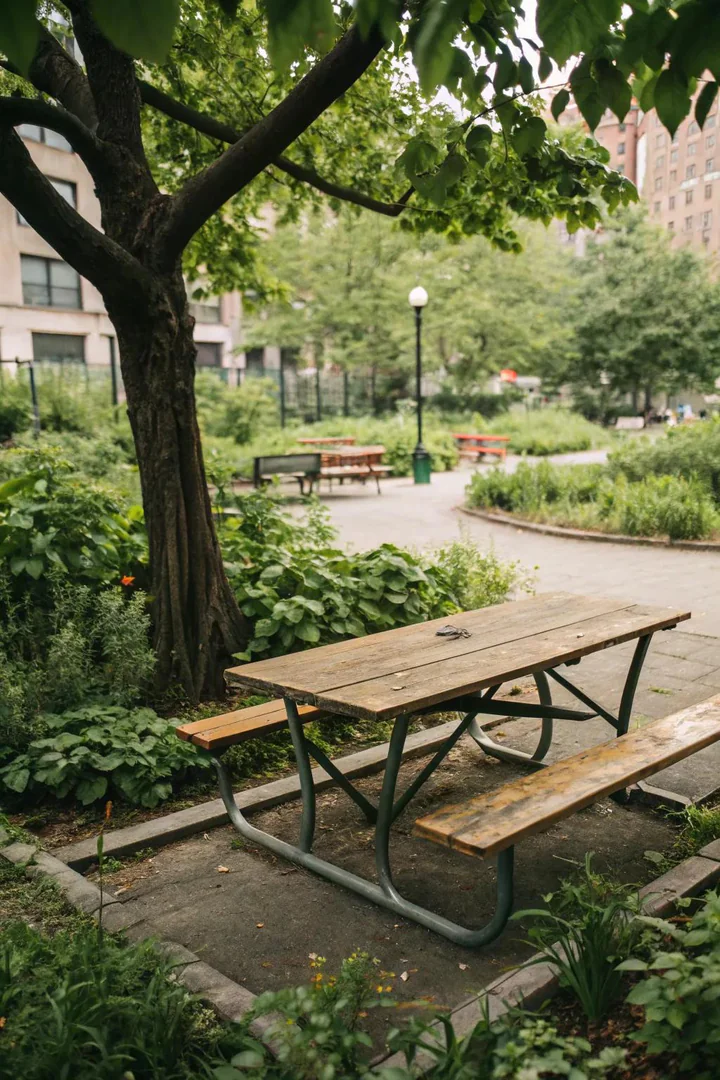 industrial picnic table with black steel tube legs and a thick live-edge walnut slab top