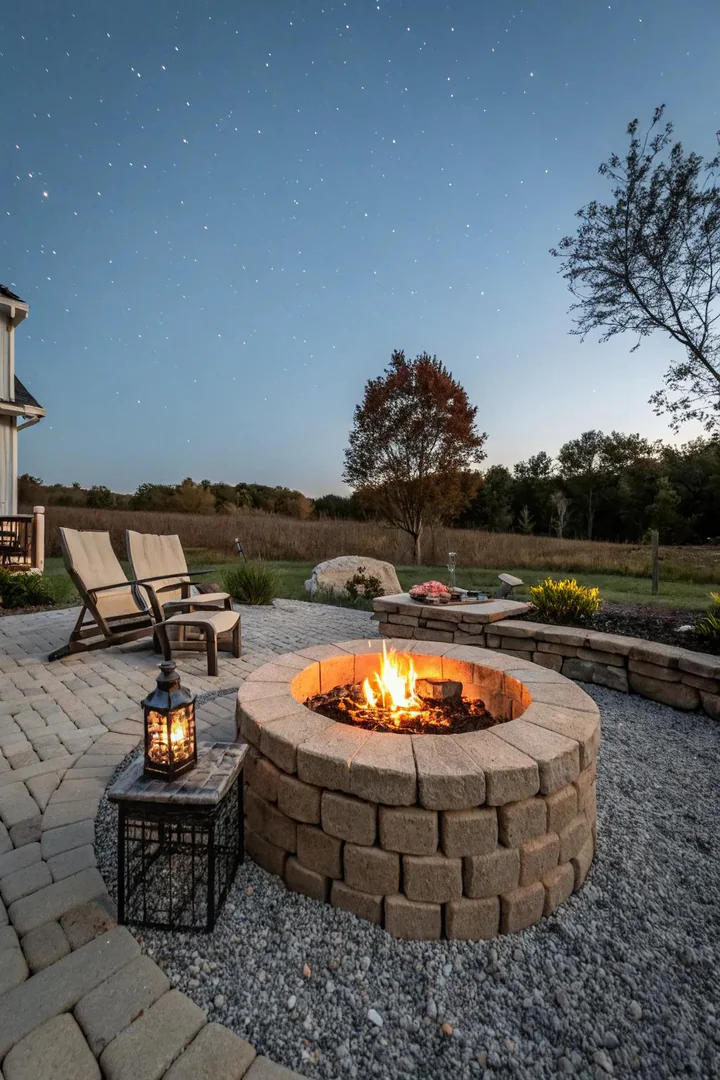 Fire pit surrounded by a paver patio with fire pit pavers forming a circular ring