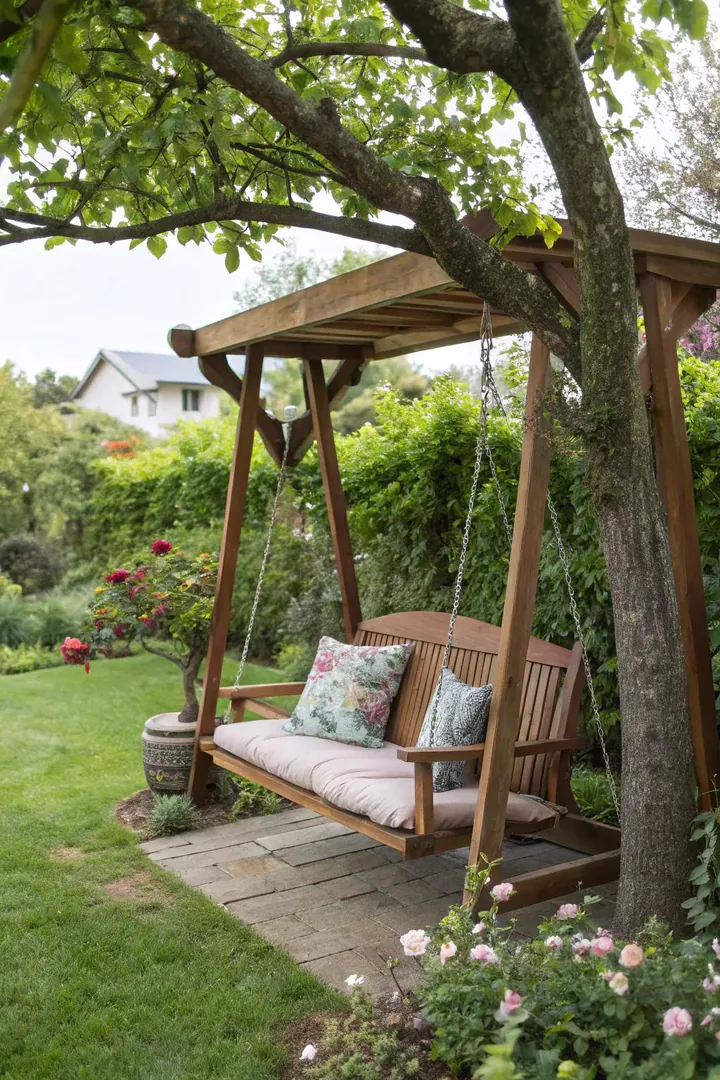 wooden swing that folds down into a garden bench when not in use