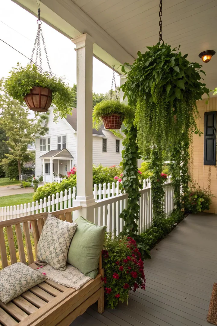 Vertical planter wall with pocket planters mounted on a front porch wall
