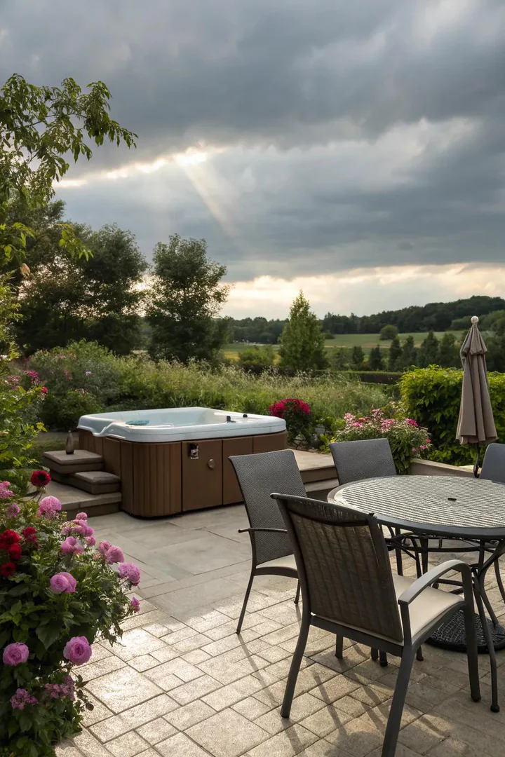 Outdoor seating arrangement with weather-resistant chairs beside a hot tub