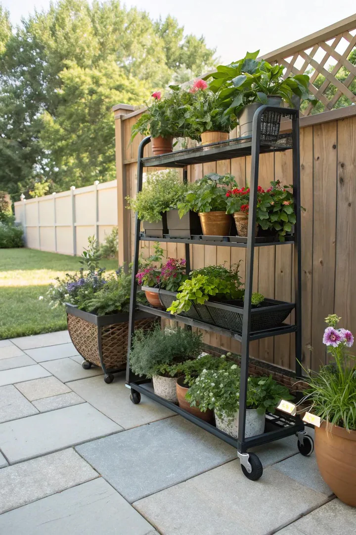 Multi-tier rolling plant shelf with wheels for easy repositioning