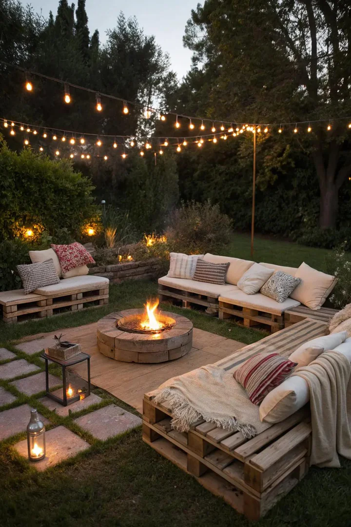 Simple pallet bench with a flat seat and a pallet backrest in a garden setting