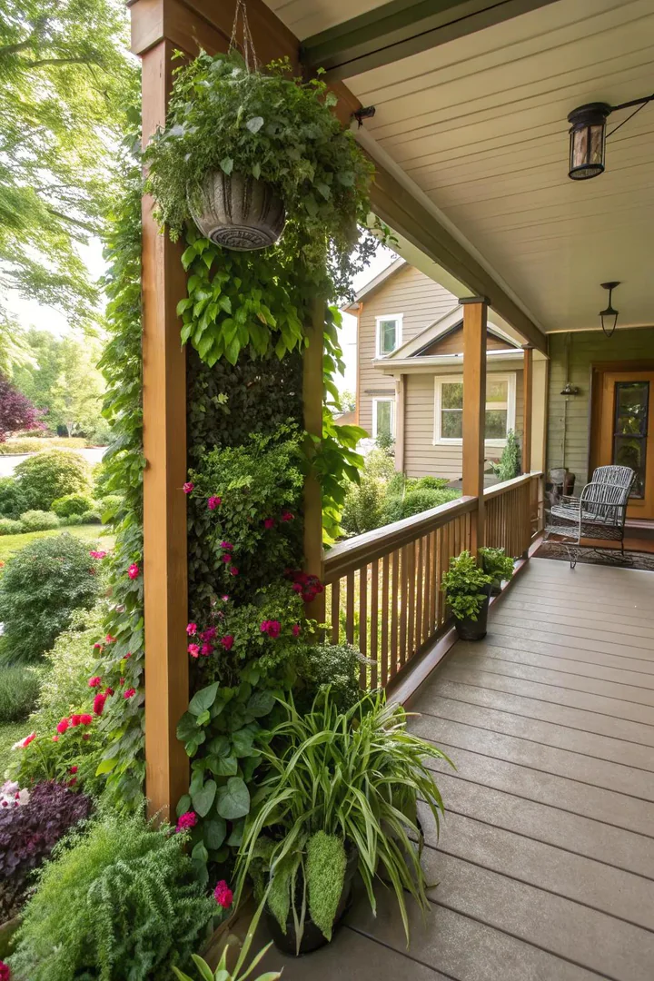 porch wall covered with a pocket-style vertical garden planter filled with herbs and flowers