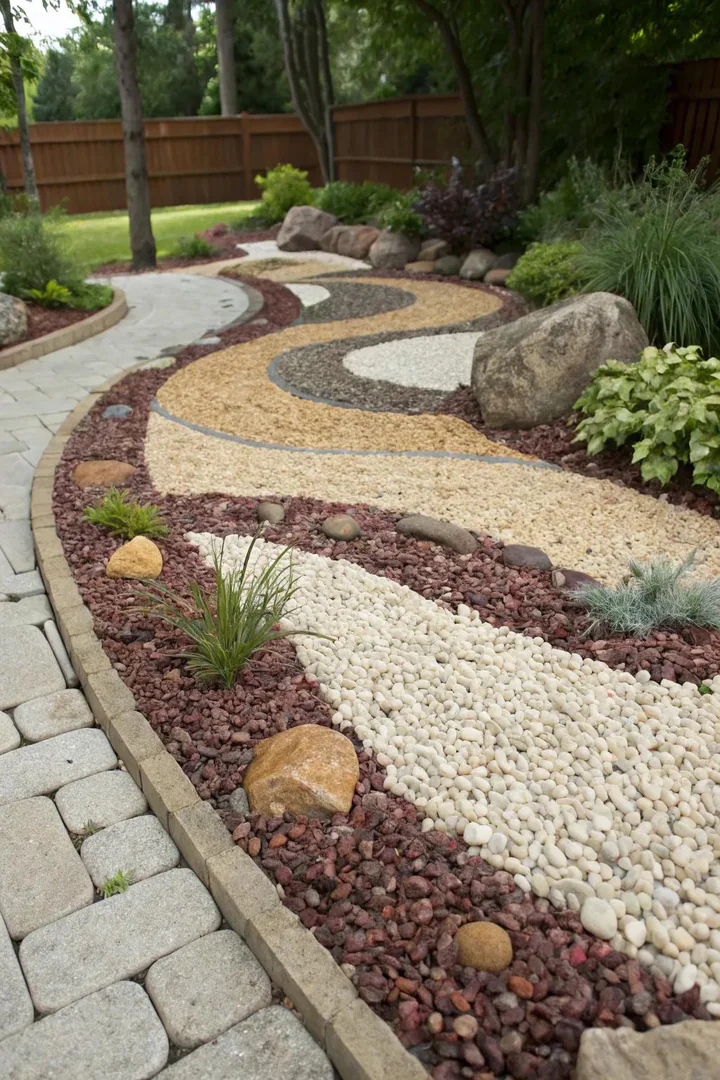 Layered decorative gravel creates a striking and visually appealing garden bed.