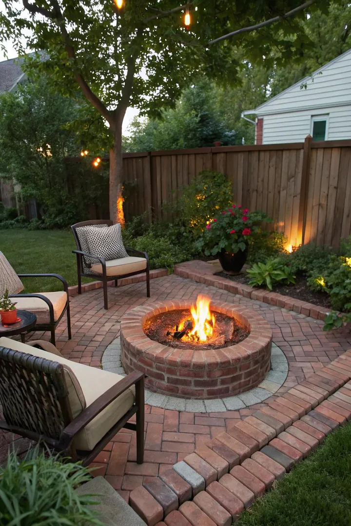 small brick patio with a round built-in fire pit at the center surrounded by curved brick seating walls