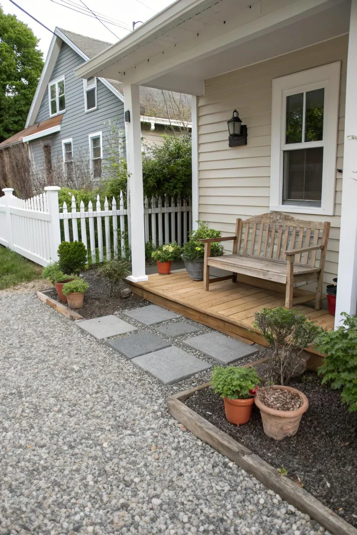 small front porch border with pea gravel and stepping stones replacing grass along the walkway