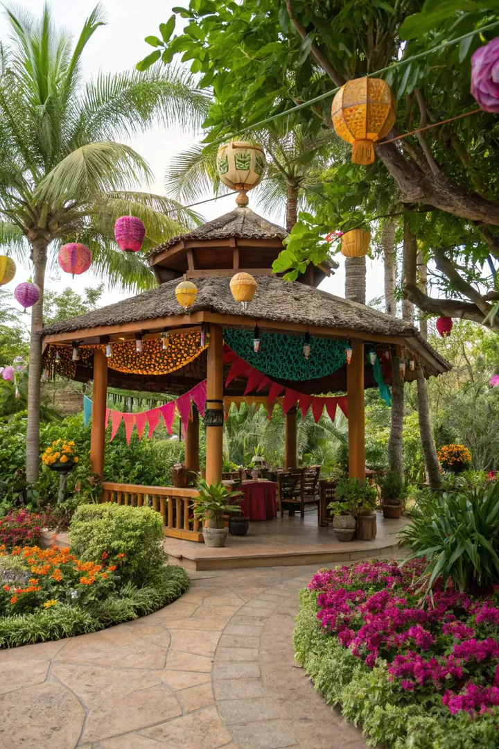 Tropical-themed pavilion with palm thatch roof and bamboo post accents