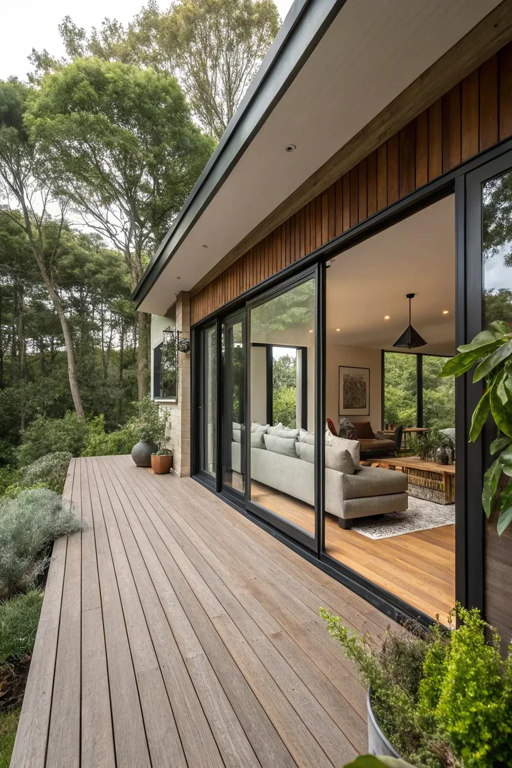 Deck at the same level as the interior floor with matching wide-plank boards and sliding glass doors