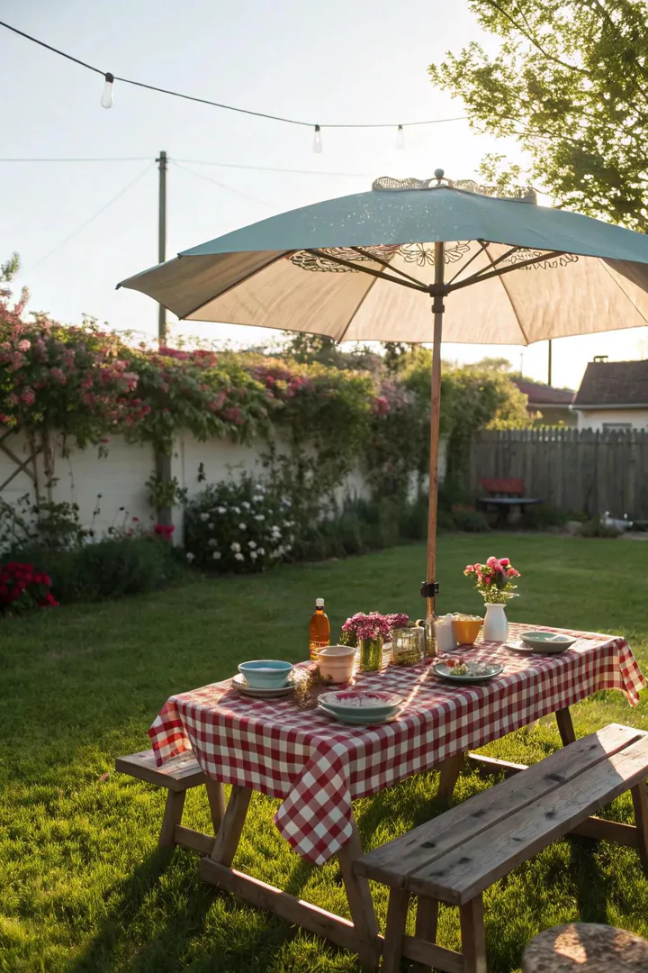 classic redwood picnic table with a 2-inch center umbrella hole and a 9-foot market umbrella