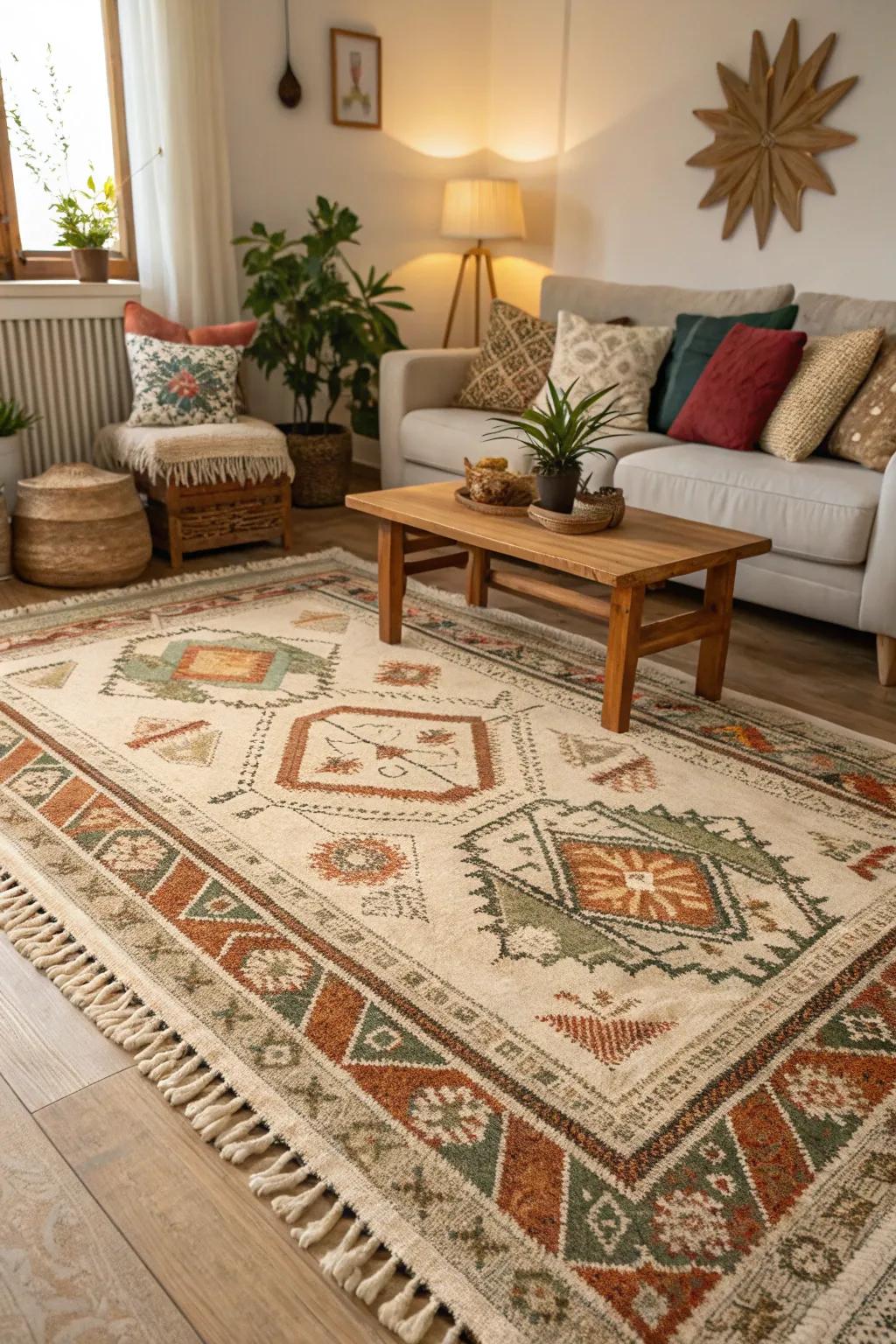 A living room with an artisan boho-patterned rug.
