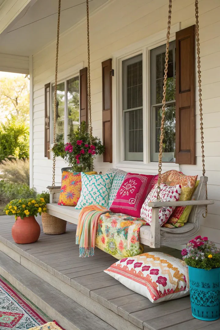 Front porch chairs with layered throw blankets, pillows, and seat cushions