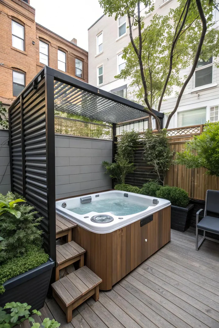 Decorative privacy screen panels with geometric cutouts beside a hot tub
