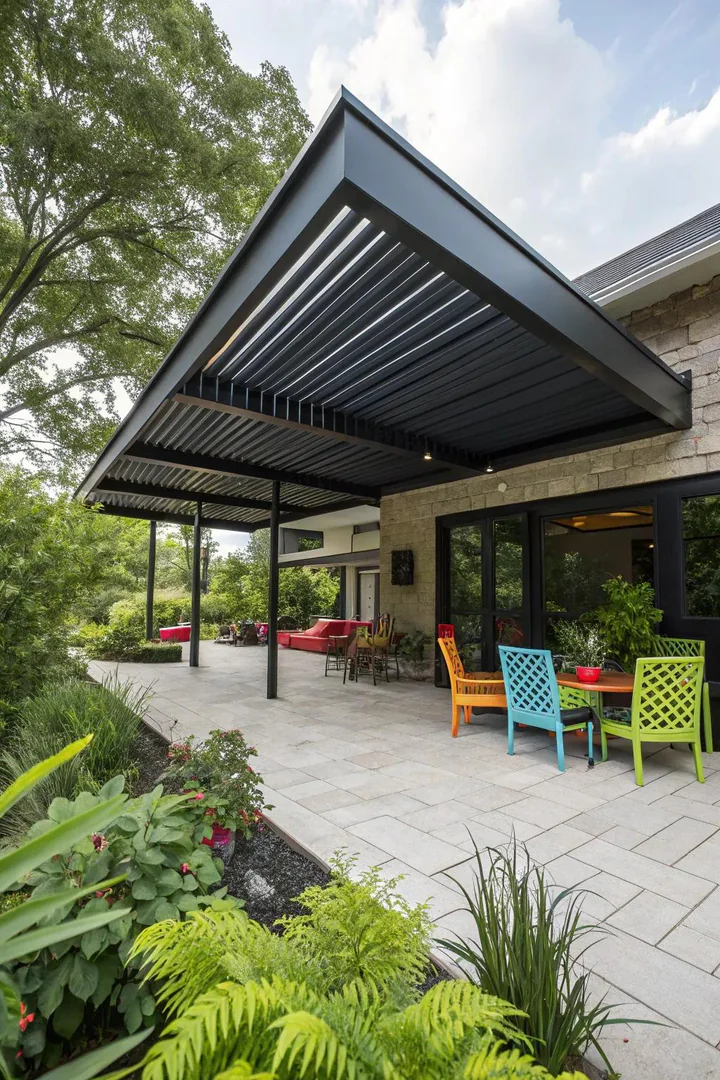 matte black standing seam metal roof over a patio with black steel posts