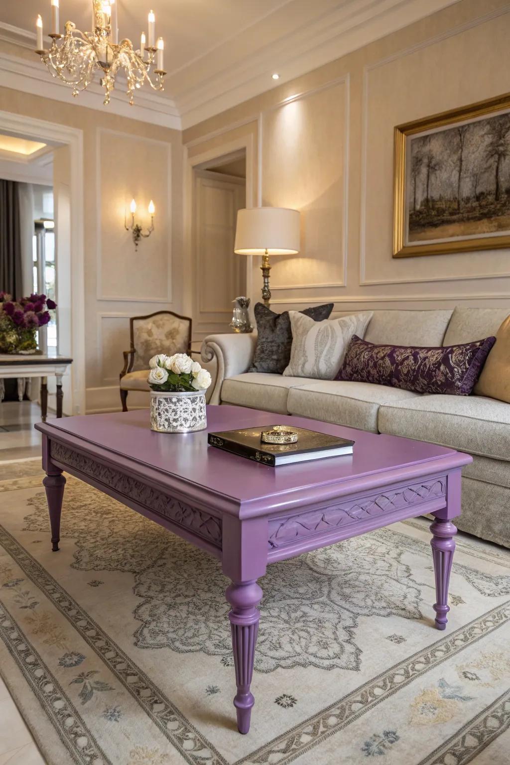A purple coffee table serving as a stylish focal point in the living room.