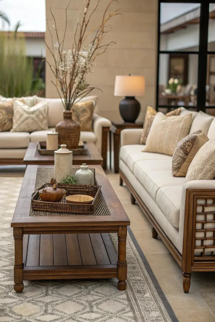 Symmetry and balance create a harmonious layout in this neutral living room.