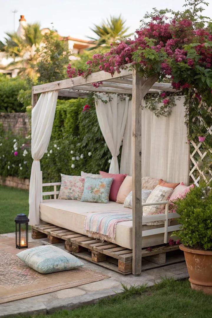 Outdoor pallet daybed with a mattress and pillows under a shade canopy