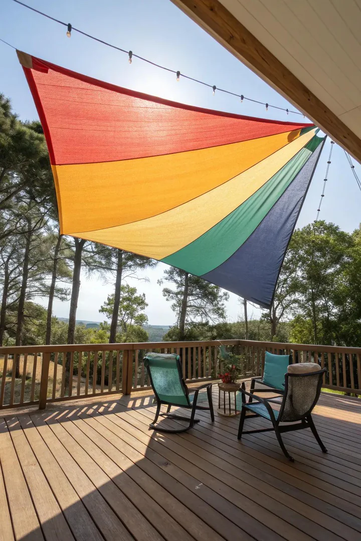 A vibrant deck with a fabric sail, offering flexible shade and a pop of color.