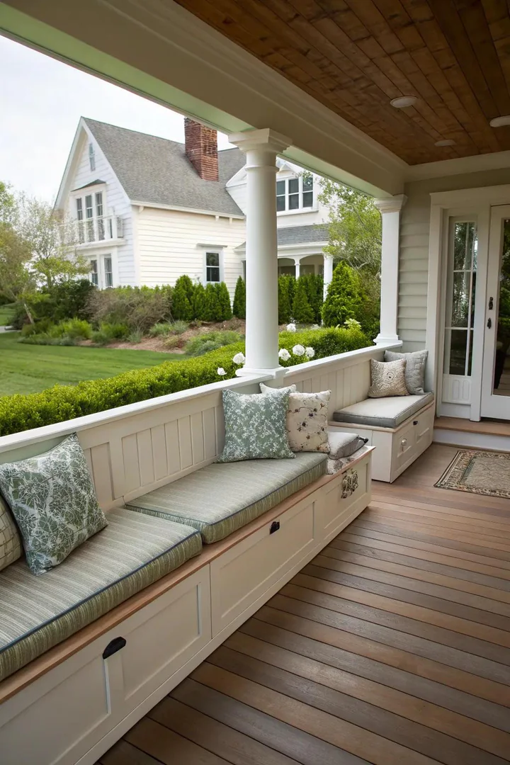 L-shaped built-in wooden bench along two sides of a covered porch with storage underneath
