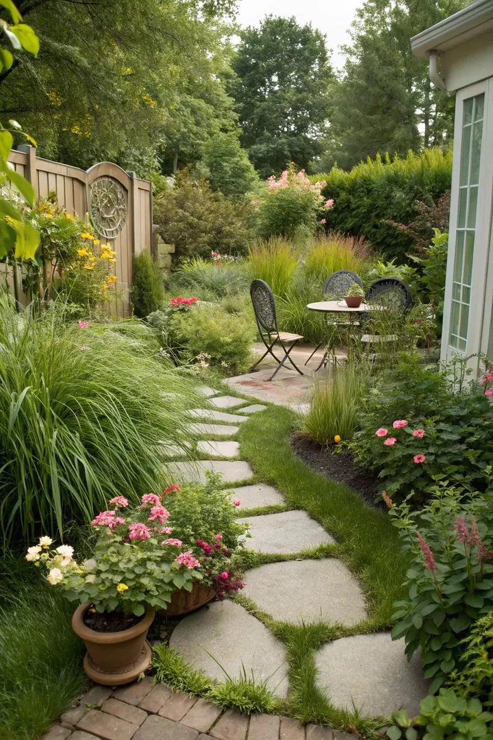 garden path of round stepping stones set in mulch leading to a small seating area