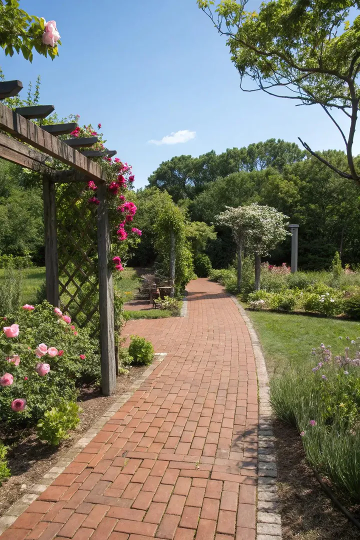 narrow brick pathway connecting a small back patio to a raised garden bed area