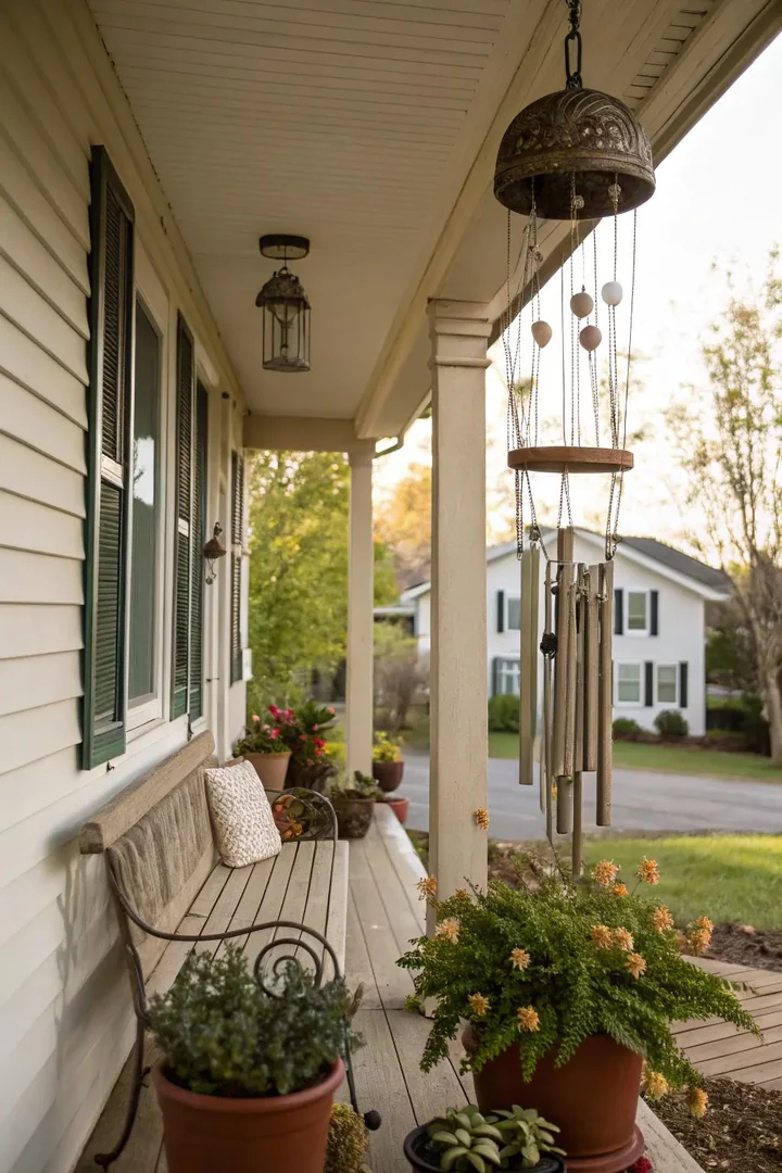 front porch ceiling with a bamboo wind chime hanging beside a potted Boston fern