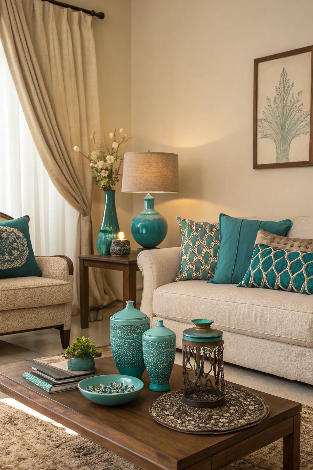 Teal accents can be introduced subtly for a balanced look.