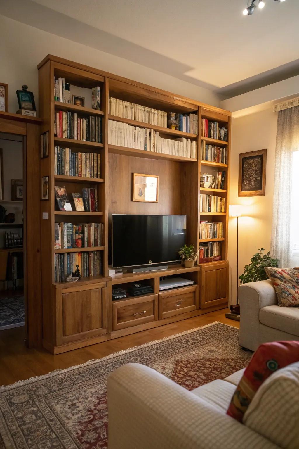 Bookshelves frame a TV, seamlessly integrating it into the living room decor.