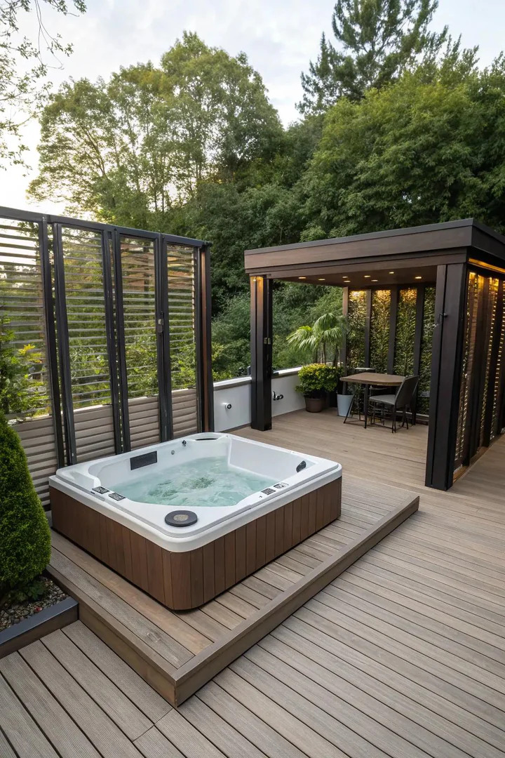 Sunken hot tub built into a composite deck with step-down surround and LED accent lighting