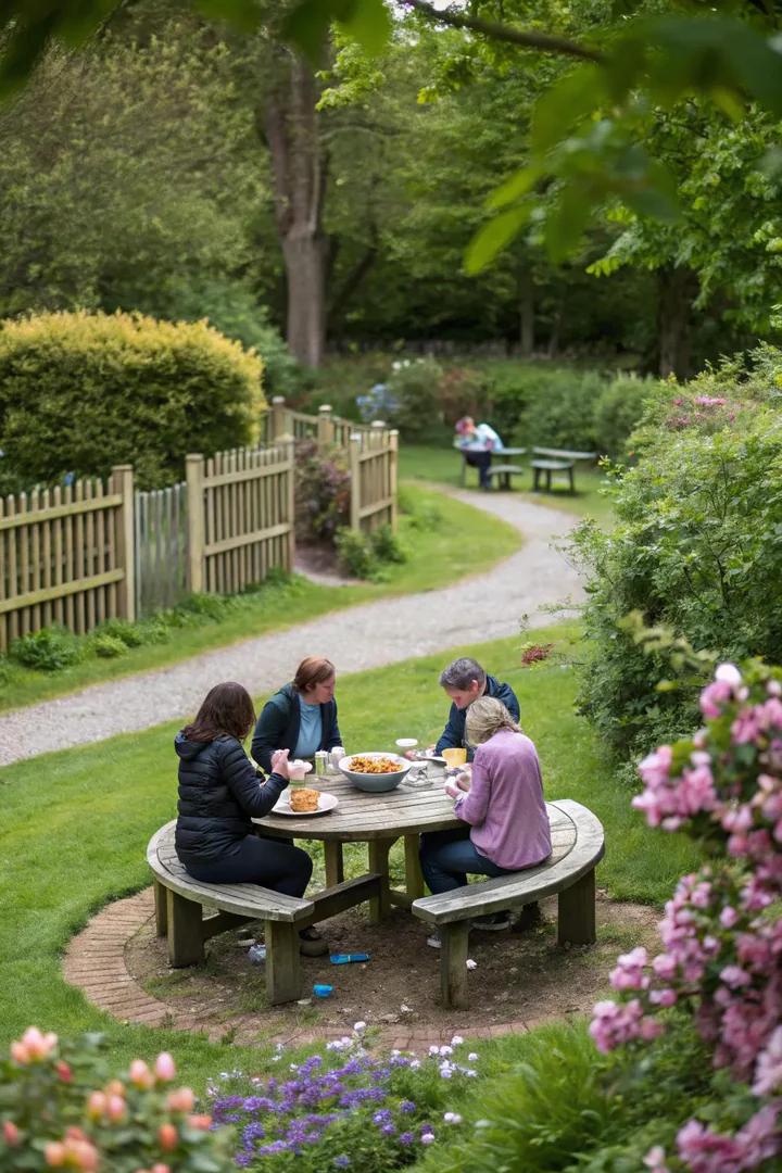 round circular picnic table with curved wraparound bench seating six on a flagstone patio