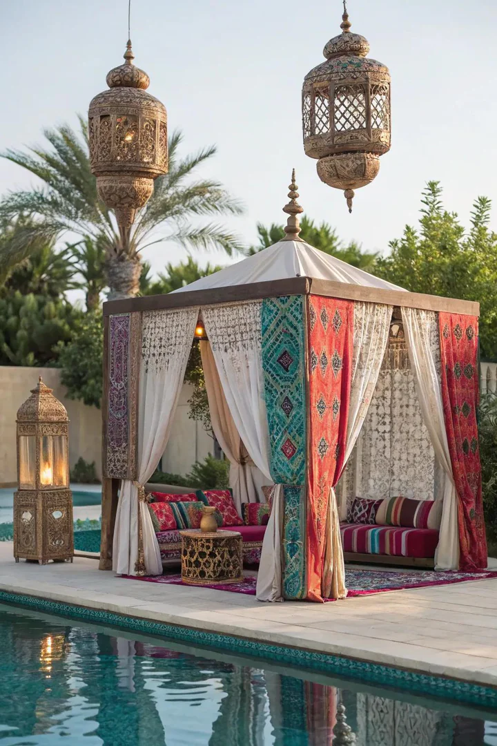 Moroccan-style pool cabana with patterned fabrics, lanterns, and low seating