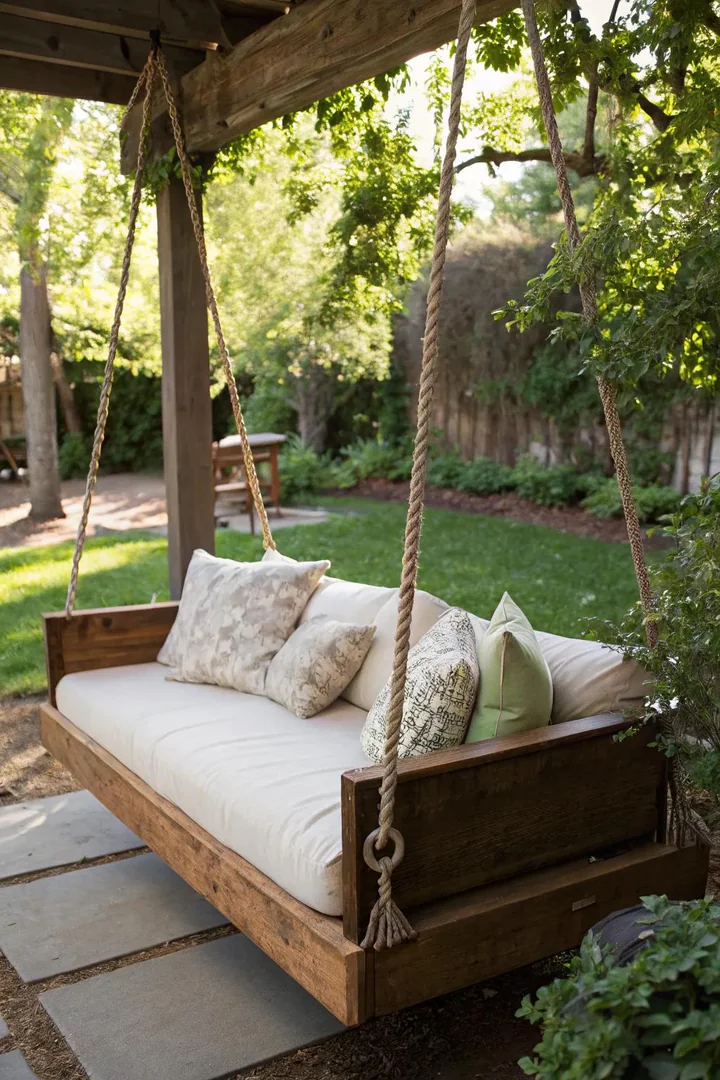 full-size porch swing bed with mattress and pillows hanging from heavy chains on a covered porch