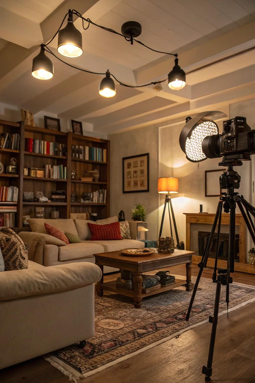 A living room with layered lighting including overhead and lamps.