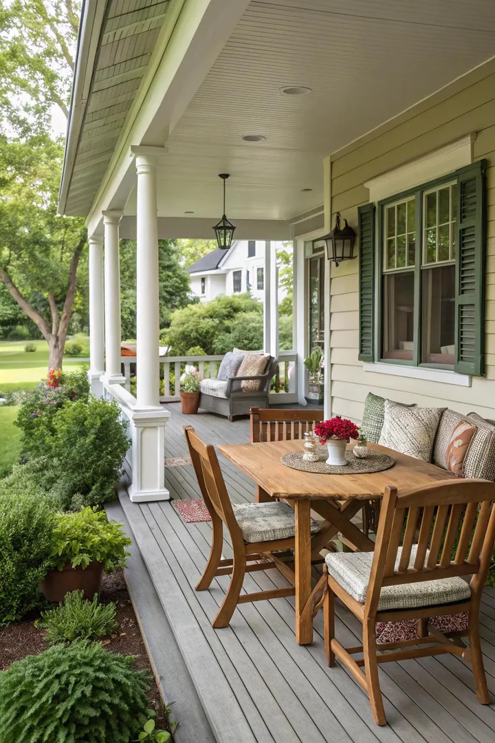 Long front porch divided into separate seating, dining, and garden zones